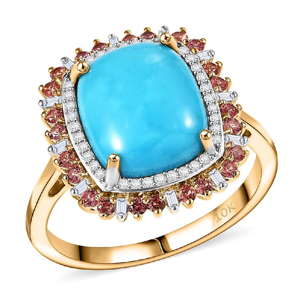 shop lc Luxoro Premium Sleeping Beauty Turquoise Padparadscha Sapphire and I2 Diamond 5.20 ctw Sunset Empress Ring in 10K Yellow Gold