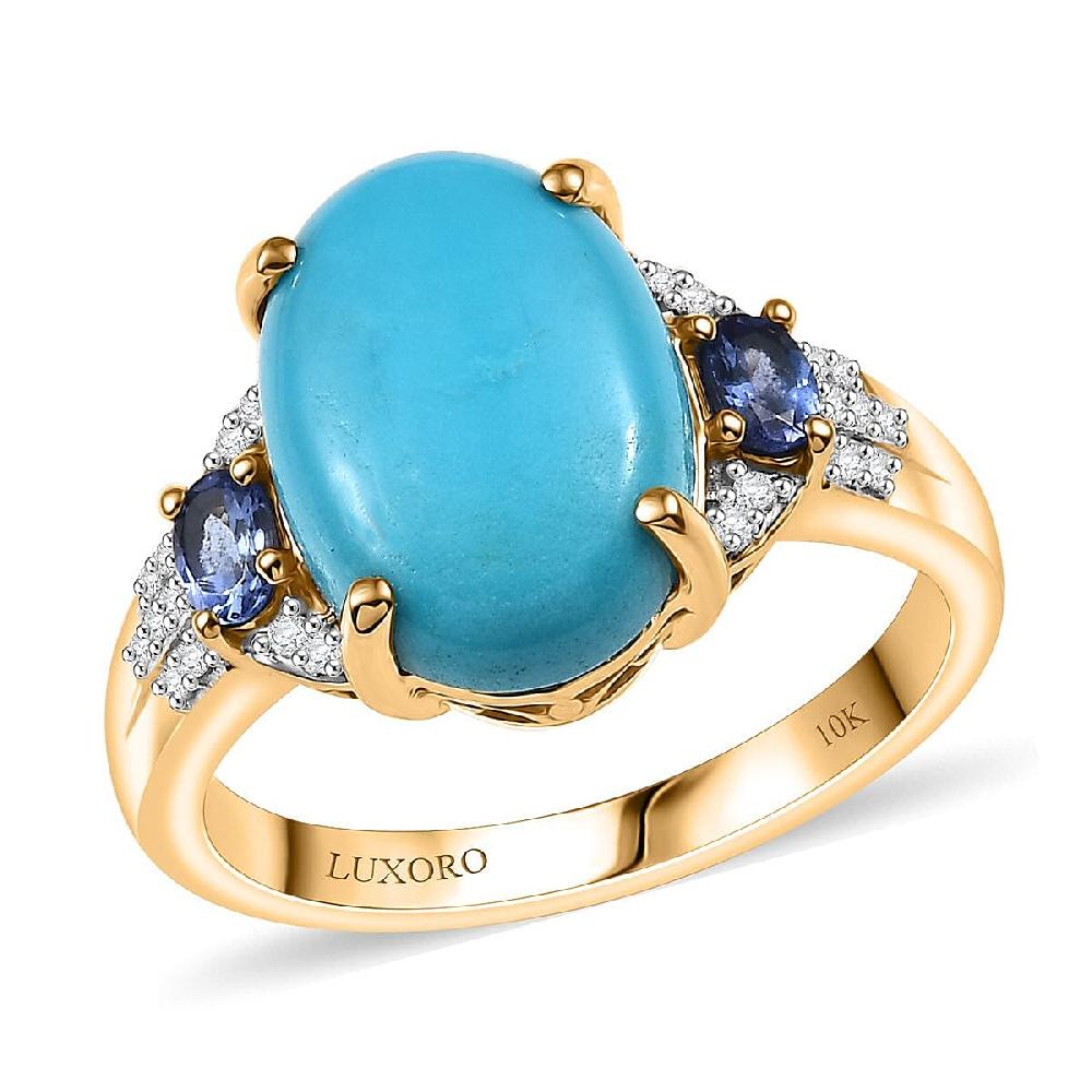 shop lc Luxoro Premium Sleeping Beauty Turquoise Tanzanite and Diamond I2 6.25 ctw Ring in 10K Yellow Gold 4.50 Grams