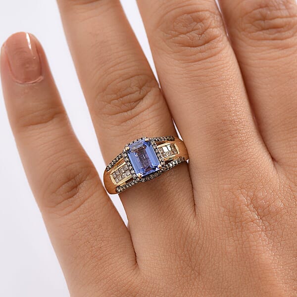 Shop Lc Luxoro Premium Tanzanite And I2 Natural Champagne Diamond 2.05 Ctw Bridge Ring In 10K Yellow Gold