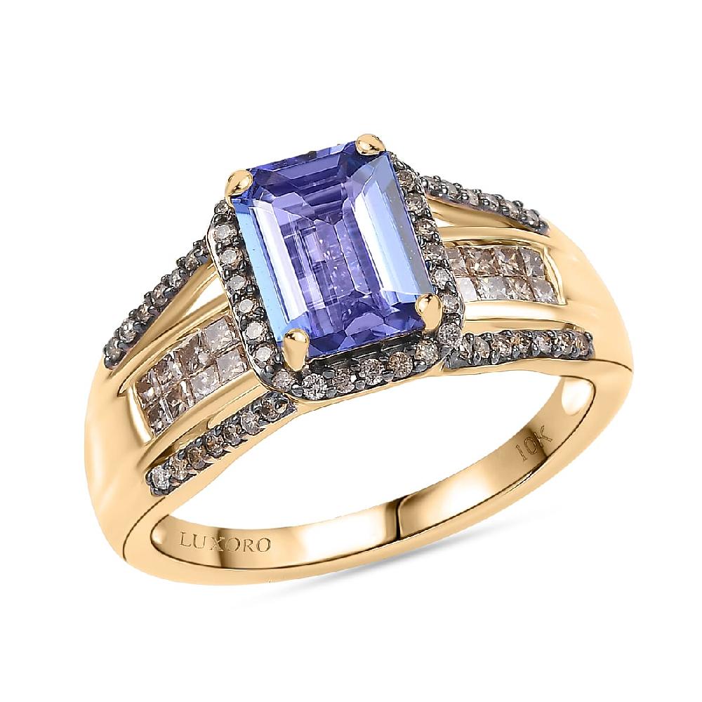 shop lc Luxoro Premium Tanzanite and I2 Natural Champagne Diamond 2.05 ctw Bridge Ring in 10K Yellow Gold