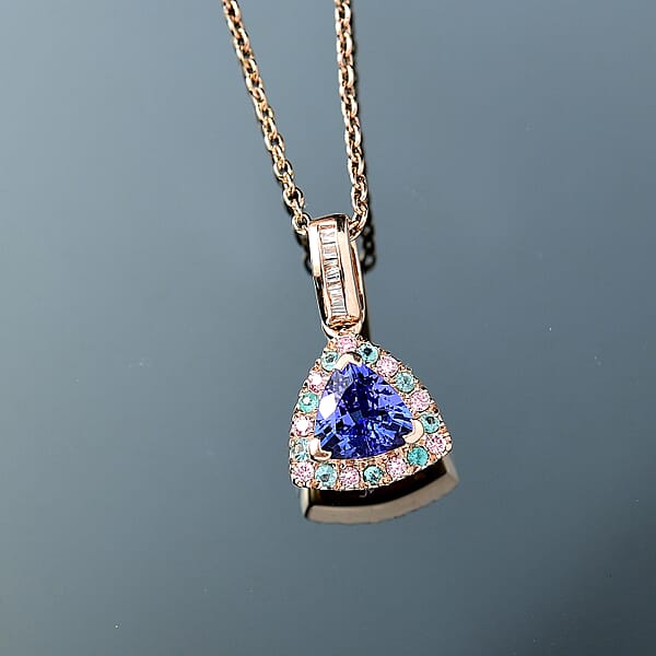 Shop Lc Luxoro Premium Tanzanite Paraiba Tourmaline Natural Pink And White Diamond I2 1.00 Ctw Atlantis Crown Pendant Necklace In 10K Rose Gold 20 Inches
