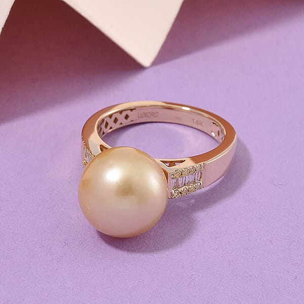 Shop Lc Luxoro South Sea Golden Cultured Pearl Natural Yellow And White Diamond 0.12 Ctw Ring In 14K Yellow Gold