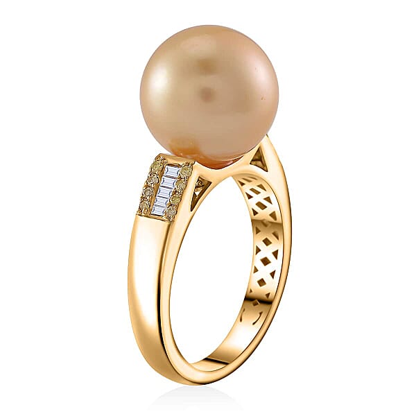 Shop Lc Luxoro South Sea Golden Cultured Pearl Natural Yellow And White Diamond 0.12 Ctw Ring In 14K Yellow Gold