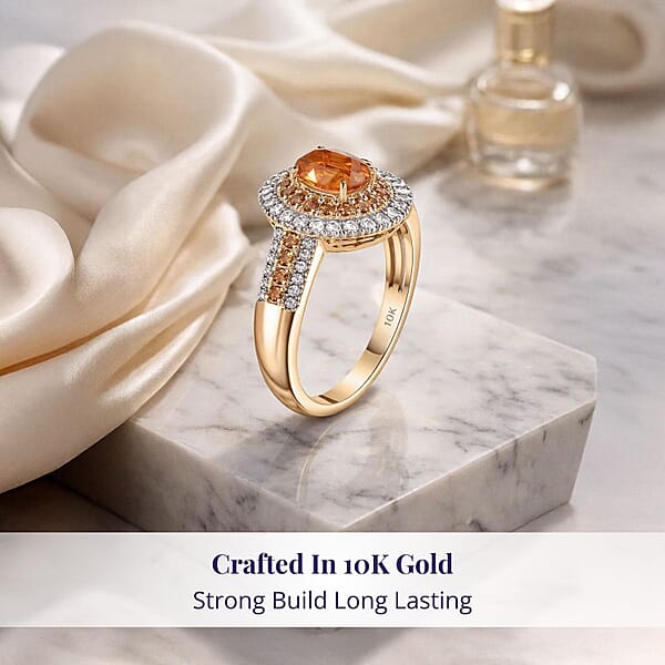 Shop Lc Luxoro Tanzanian Mandarin Garnet Padparadscha Sapphire Diamond Ring In 10K Yellow Gold 2.80 Ctw