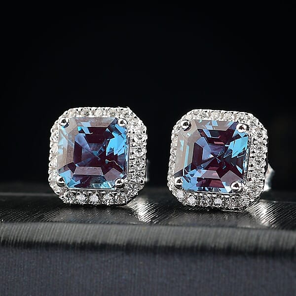 Shop Lc Luxuriant AAA Lab Grown Alexandrite And E-F VS Lab Grown Diamond 4.28 Ctw Earrings In 10K White Gold