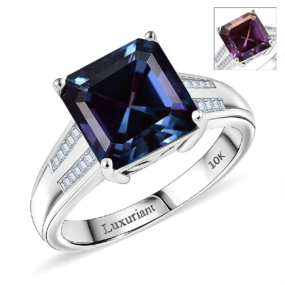 shop lc Luxuriant AAA Lab Grown Alexandrite and E-F VS Lab Grown Diamond 4.50 ctw Twilight Regent Ring in 10K White Gold 4.3 Grams