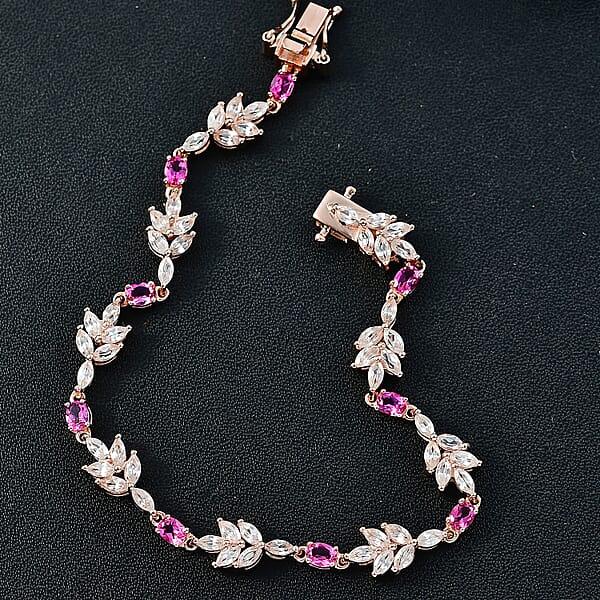 Shop Lc Luxuriant Bixbite (LG) And White Zircon 7.60 Ctw Floral Vine Bracelet In 18K Vermeil Rose Gold Over Sterling Silver (7.25 In)