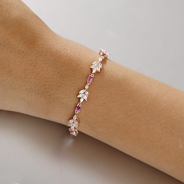 Shop Lc Luxuriant Bixbite (LG) And White Zircon 7.60 Ctw Floral Vine Bracelet In 18K Vermeil Rose Gold Over Sterling Silver (7.25 In)
