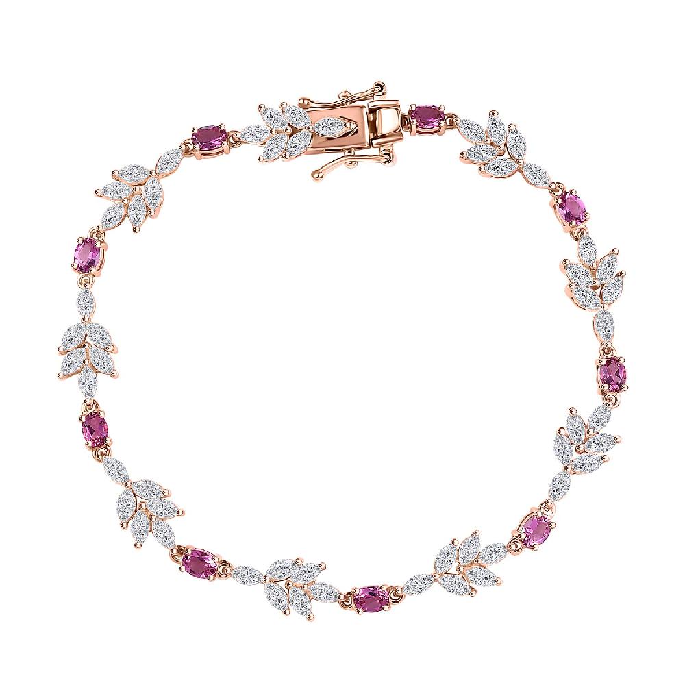shop lc Luxuriant Bixbite (LG) and White Zircon 7.60 ctw Floral Vine Bracelet in 18K Vermeil Rose Gold Over Sterling Silver (7.25 In)