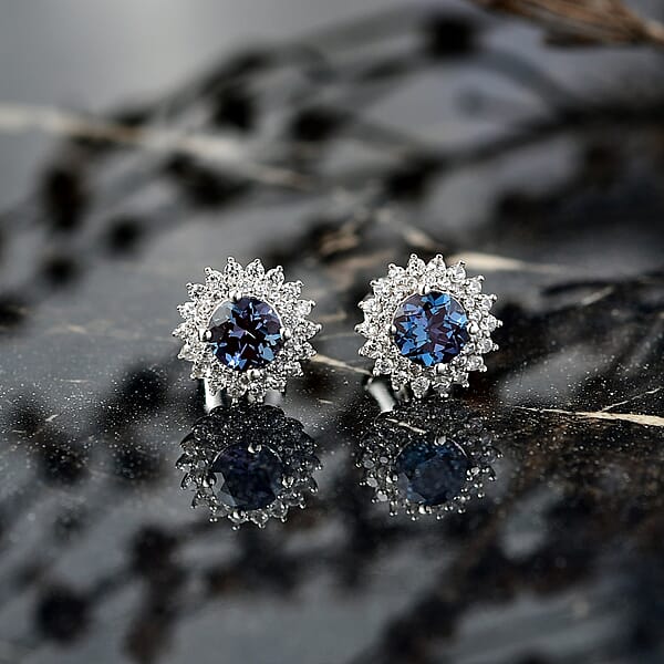 Shop Lc Luxuriant Lab Grown Alexandrite And White Zircon 2.20 Ctw Daybreak Halo Earrings In Rhodium Over Sterling Silver