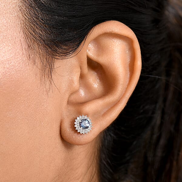 Shop Lc Luxuriant Lab Grown Alexandrite And White Zircon 2.20 Ctw Daybreak Halo Earrings In Rhodium Over Sterling Silver