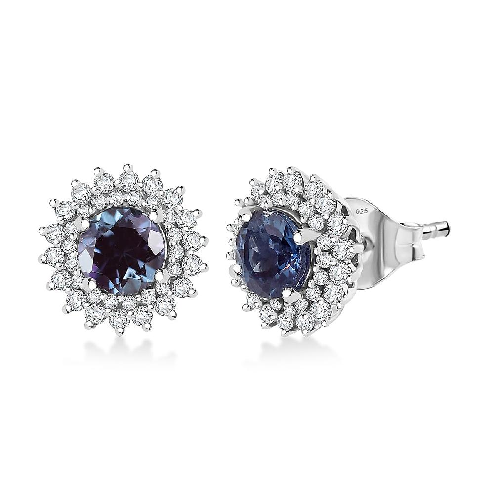 shop lc Luxuriant Lab Grown Alexandrite and White Zircon 2.20 ctw Daybreak Halo Earrings in Rhodium Over Sterling Silver