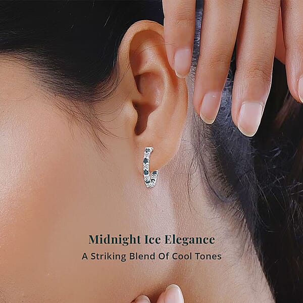 Shop Lc Luxuriant Lab Grown Blue Diamond (IR) And Lab Grown White Diamond SI 1.85 Ctw Midnight Ice Hoop Earrings In Rhodium Over Sterling Silver