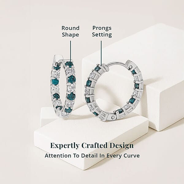 Shop Lc Luxuriant Lab Grown Blue Diamond (IR) And Lab Grown White Diamond SI 1.85 Ctw Midnight Ice Hoop Earrings In Rhodium Over Sterling Silver