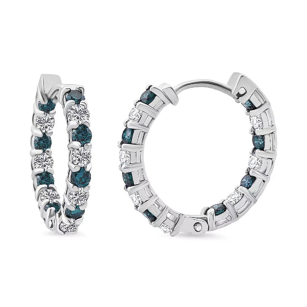shop lc Luxuriant Lab Grown Blue Diamond (IR) and Lab Grown White Diamond SI 1.85 ctw Midnight Ice Hoop Earrings in Rhodium Over Sterling Silver
