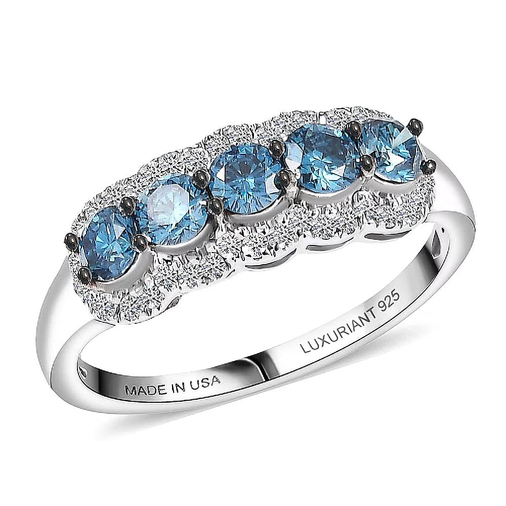 shop lc Luxuriant Lab Grown Blue Diamond White Diamond Ring in Rhodium Over Sterling Silver 1.00 ctw