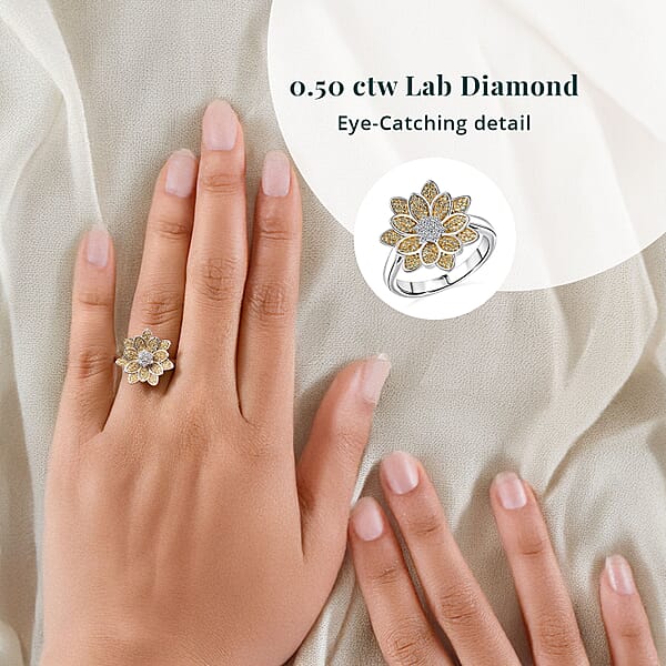 Shop Lc Luxuriant Lab Grown Diamond And Lab Grown Yellow Diamond (IR) SI 0.50 Ctw Sunflower Radiance Ring In Rhodium Over Sterling Silver