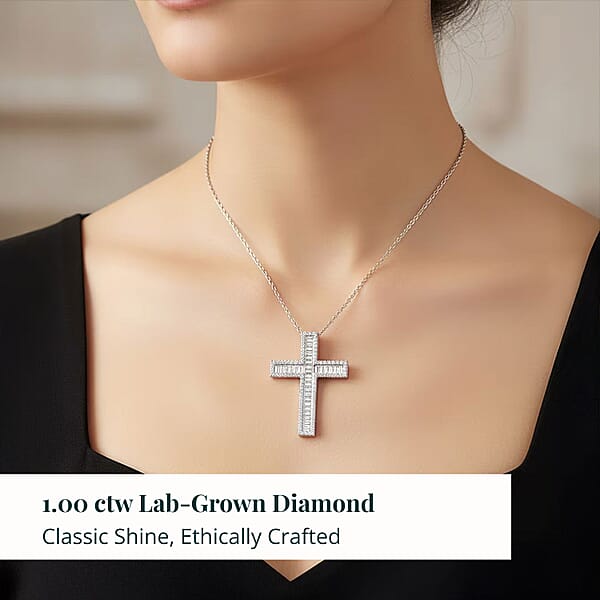 Shop Lc Luxuriant Lab Grown Diamond Cross Pendant Necklace In Rhodium Over Sterling Silver 1.00 Ctw (20 Inches)