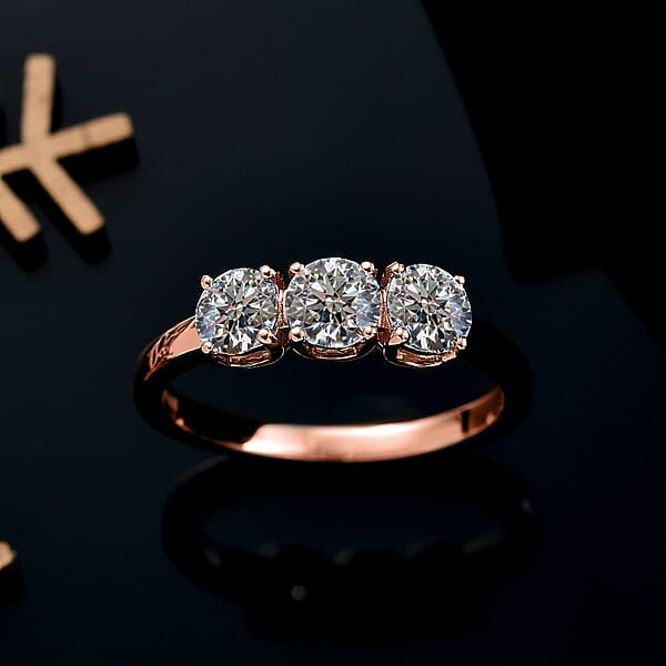 Shop Lc Luxuriant Lab Grown Diamond E-F VS 1.00 Ctw 3 Stone Ring In 18K Vermeil Rose Gold Over Sterling Silver (Del. In 10-12 Days)