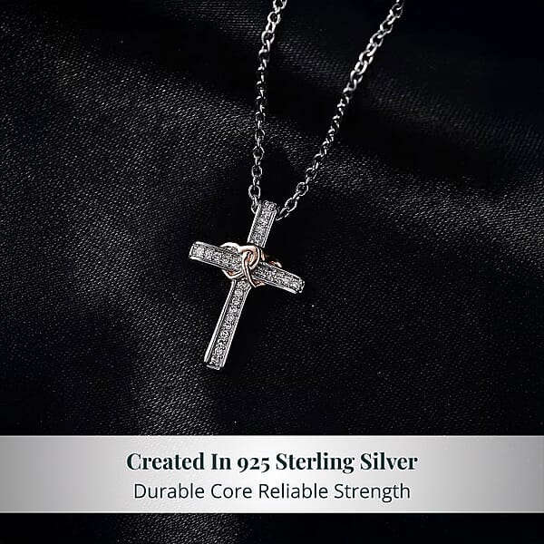 Shop Lc Luxuriant Lab Grown Diamond G-H SI 0.10 Ctw Cross With Love Pendant In 18K Vermeil RG And Rhodium Over Sterling Silver With Stainless Steel Necklace 20 Inches