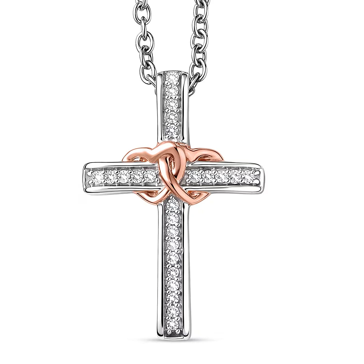 shop lc Luxuriant Lab Grown Diamond G-H SI 0.10 ctw Cross with Love Pendant in 18K Vermeil RG and Rhodium Over Sterling Silver with Stainless Steel Necklace 20 Inches