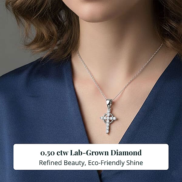 Shop Lc Luxuriant Lab Grown Diamond G-H SI 0.50 Ctw Divine Cross Crown Pendant Necklace In Rhodium Over Sterling Silver 20 Inches