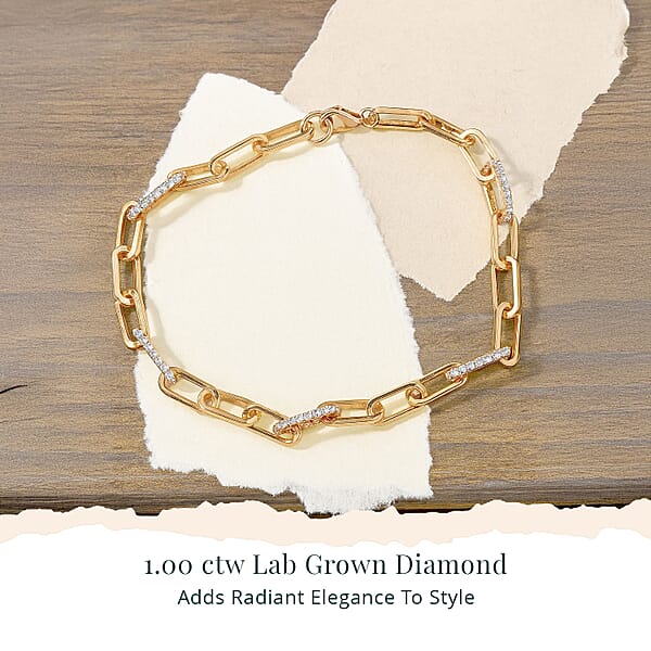 Shop Lc Luxuriant Lab Grown Diamond G-H SI 1.00 Ctw Paper Clip Chain Bracelet In 18K Vermeil Yellow Gold Over Sterling Silver (6.50 In)