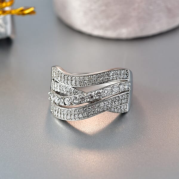 Shop Lc Luxuriant Lab Grown Diamond G-H SI 1.00 Ctw Wave Bridge Ring In Rhodium Over Sterling Silver