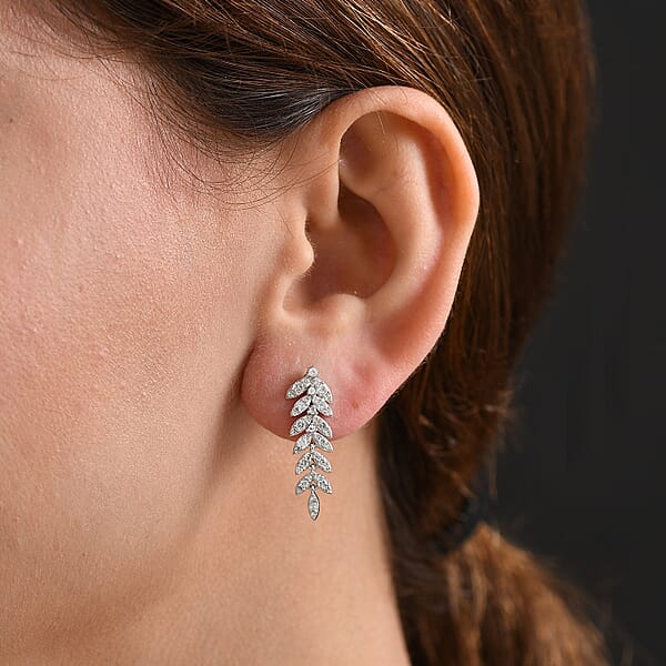 Shop Lc Luxuriant Lab Grown Diamond G-H SI 1.00 Ctw Whispering Leaves Earrings In Rhodium Over Sterling Silver