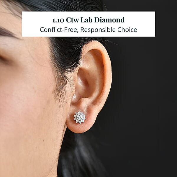 Shop Lc Luxuriant Lab Grown Diamond G-H SI 1.10 Ctw Bloom Halo Studs Earrings In Rhodium Over Sterling Silver