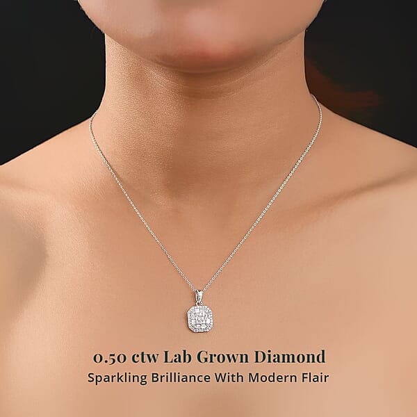 Shop Lc Luxuriant Lab Grown Diamond SI 0.50 Ctw Art Deco Pendant Necklace 20 Inches In Rhodium Over Sterling Silver