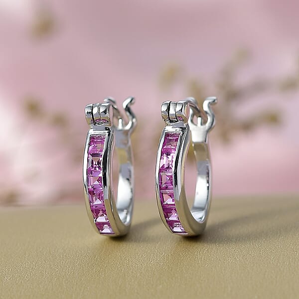 Shop Lc Luxuriant Lab Grown Pink Sapphire 0.75 Ctw Hoop Earrings In Platinum Over Sterling Silver