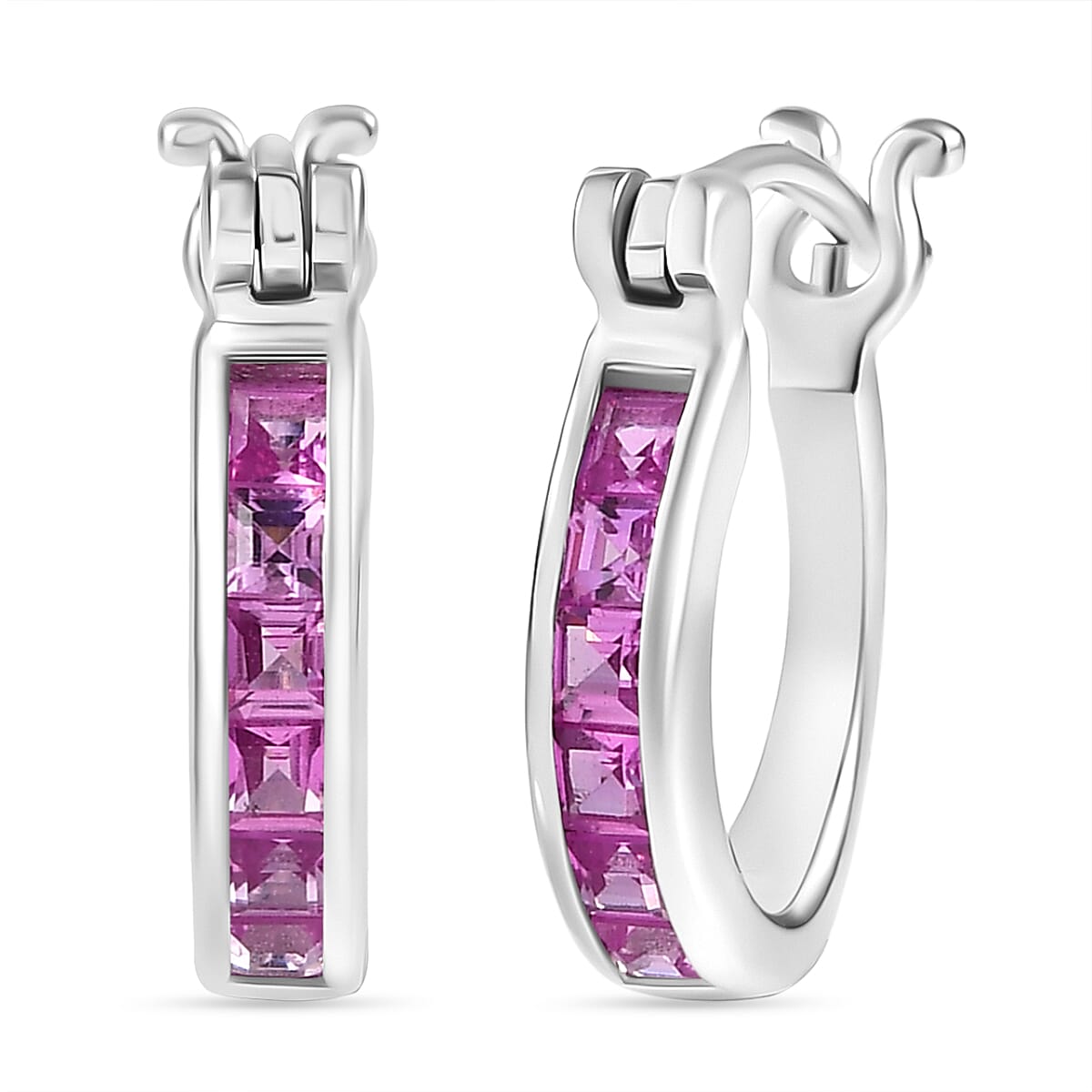 shop lc Luxuriant Lab Grown Pink Sapphire 0.75 ctw Hoop Earrings in Platinum Over Sterling Silver