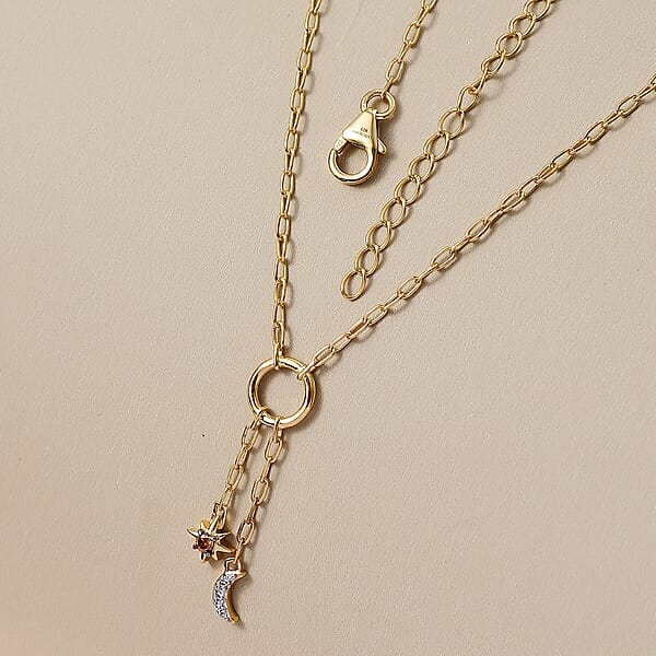 Shop Lc Luxuriant Lab Grown Red Diamond (IR) And Lab Grown Diamond (SI) 0.10 Ctw Sun & Moon Necklace In 18K Vermeil Yellow Gold Over Sterling Silver 18-20 Inches