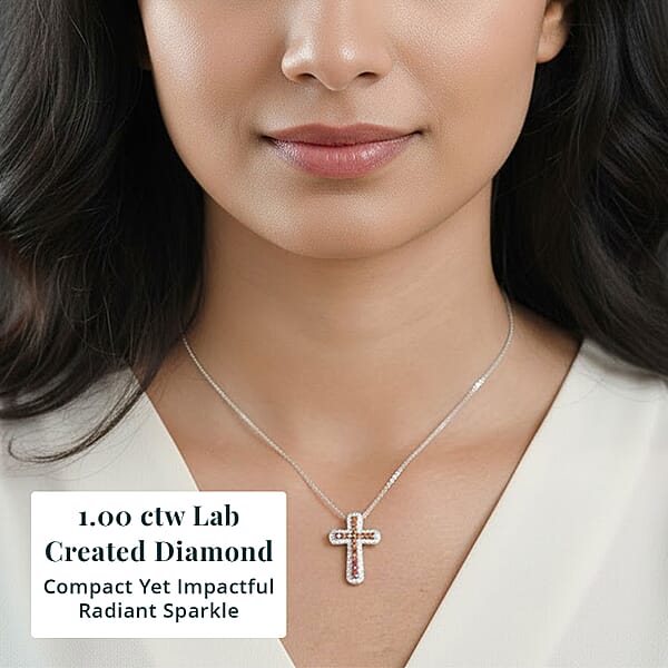 Shop Lc Luxuriant Lab Grown Red Diamond (IR) And Lab Grown Diamond 1.00 Ctw Eternal Rouge Cross Pendant Necklace 20 Inches In Rhodium Over Sterling Silver