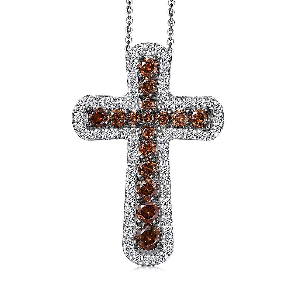 shop lc Luxuriant Lab Grown Red Diamond (IR) and Lab Grown Diamond 1.00 ctw Eternal Rouge Cross Pendant Necklace 20 Inches in Rhodium Over Sterling Silver