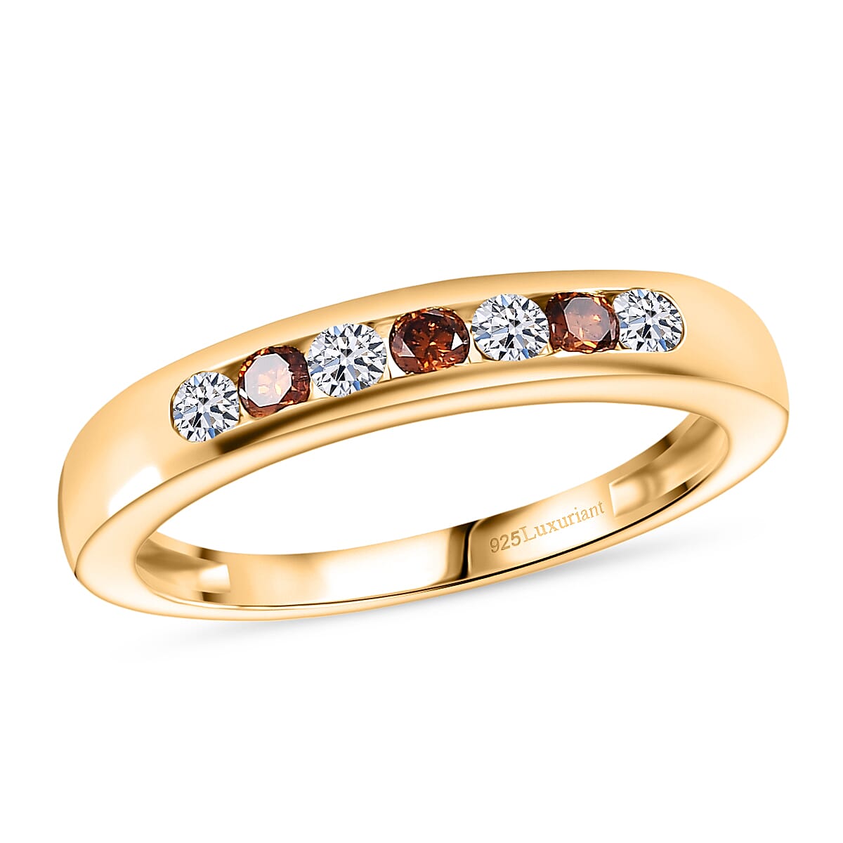 shop lc Luxuriant Lab Grown Red Diamond (IR) and Lab Grown Diamond 0.33 ctw Fire & Frost Band Ring in 18K Vermeil Yellow Gold Over Sterling Silver