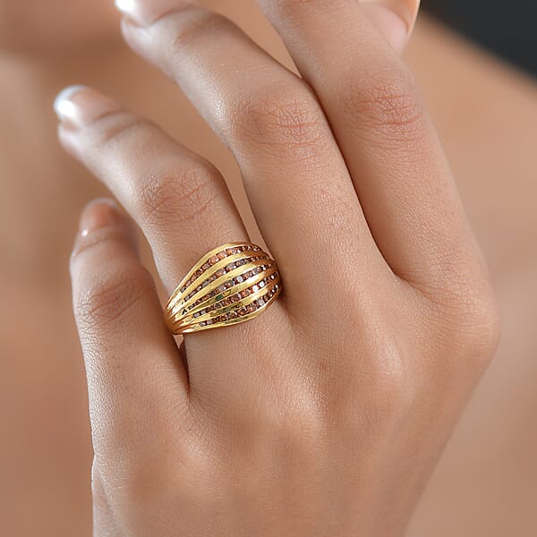 Shop Lc Luxuriant Lab Grown Red Diamond (IR) SI 1.50 Ctw Multi Row Ring In 18K Vermeil Yellow Gold Over Sterling Silver