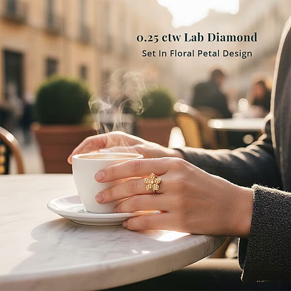 Shop Lc Luxuriant Lab Grown Yellow Diamond (E-F VS) Floral Ring In Rhodium Over Sterling Silver 0.25 Ctw