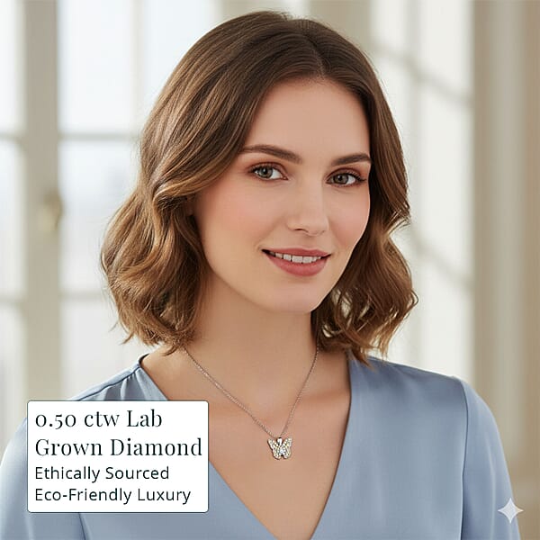 Shop Lc Luxuriant Lab Grown Yellow Diamond (IR) And Lab Grown Diamond VS 0.50 Ctw Butterfly Pendant Necklace In Rhodium Over Sterling Silver 20 Inches