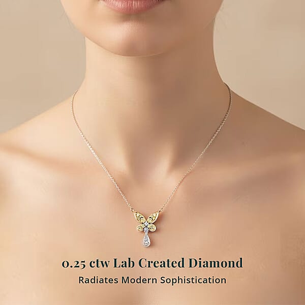 Shop Lc Luxuriant Lab Grown Yellow Diamond (IR) And Lab Grown Diamond VS 0.25 Ctw Butterfly Pendant Necklace In Rhodium Over Sterling Silver 18-20 Inches
