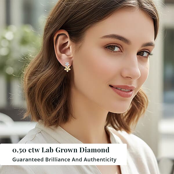 Shop Lc Luxuriant Lab Grown Yellow Diamond (IR) And Lab Grown Diamond VS 0.50 Ctw Blooming Flower Earrings In Rhodium Over Sterling Silver