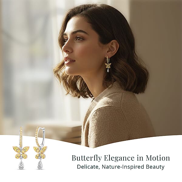 Shop Lc Luxuriant Lab Grown Yellow Diamond (IR) And Lab Grown Diamond VS 0.50 Ctw Butterfly Earrings In Rhodium Over Sterling Silver