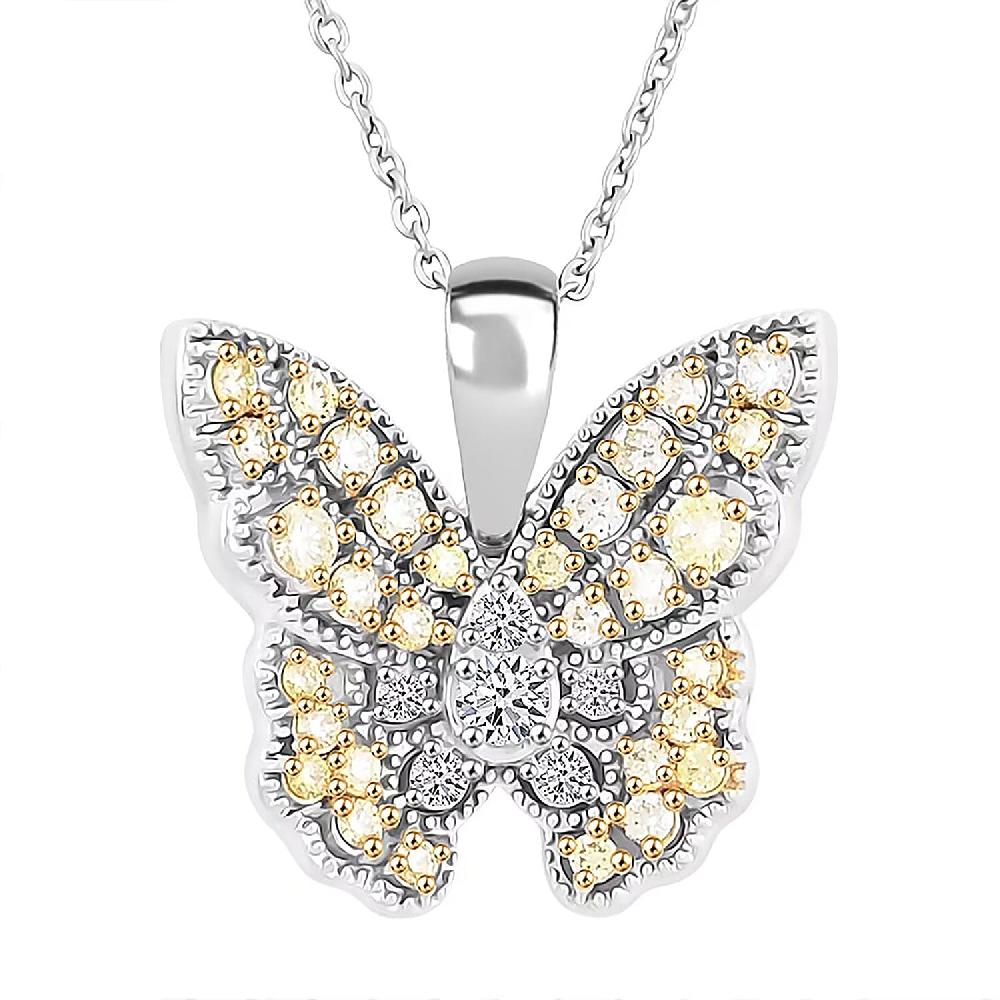 shop lc Luxuriant Lab Grown Yellow Diamond (IR) and Lab Grown Diamond VS 0.50 ctw Butterfly Pendant Necklace in Rhodium Over Sterling Silver 20 Inches