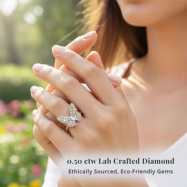 Shop Lc Luxuriant Lab Grown Yellow Diamond Lab Grown Diamond (VS) Butterfly Ring In Rhodium Over Sterling Silver 0.50 Ctw