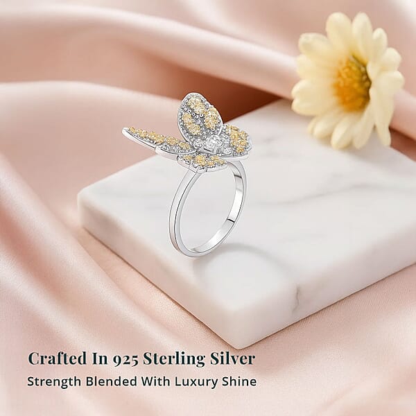 Shop Lc Luxuriant Lab Grown Yellow Diamond Lab Grown Diamond (VS) Butterfly Ring In Rhodium Over Sterling Silver 0.50 Ctw