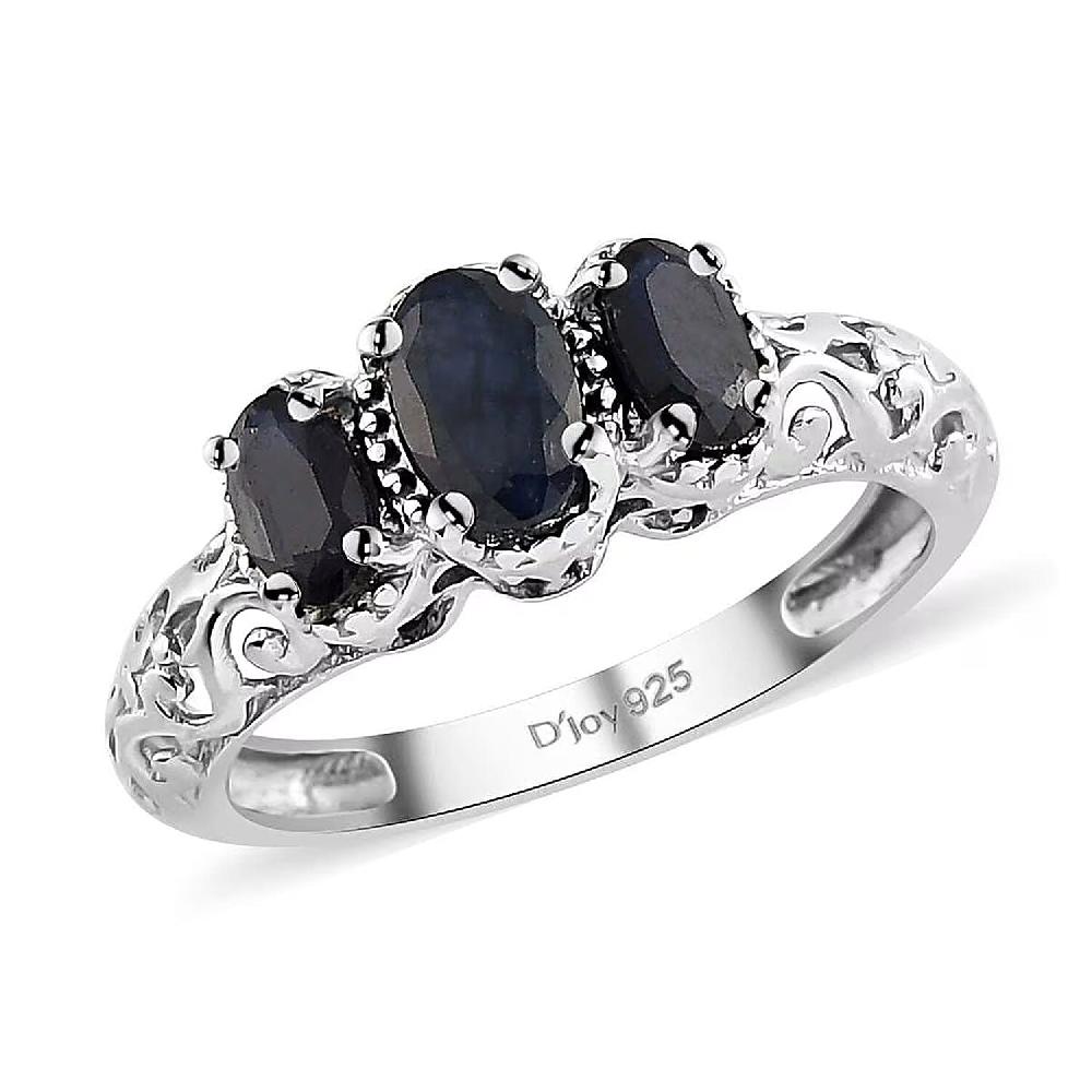 shop lc Madagascar Blue Sapphire (DF) 1.25 ctw 3 Stone Ring in Platinum Over Sterling Silver