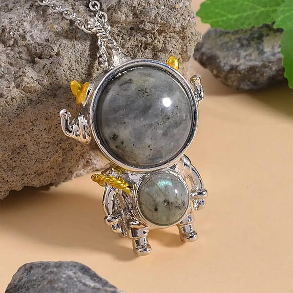 Shop Lc Malagasy Labradorite 46.50 Ctw Spaceman Pendant In Dualtone With Stainless Steel Chain 24 Inches
