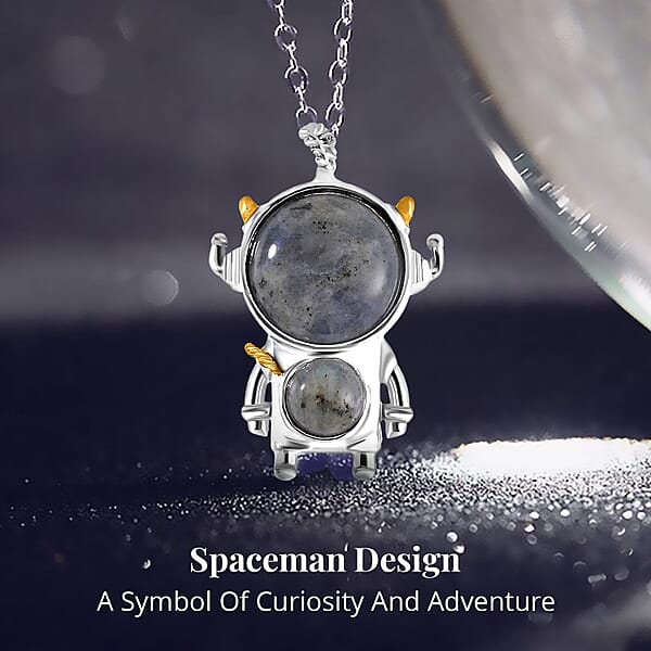 Shop Lc Malagasy Labradorite 46.50 Ctw Spaceman Pendant In Dualtone With Stainless Steel Chain 24 Inches