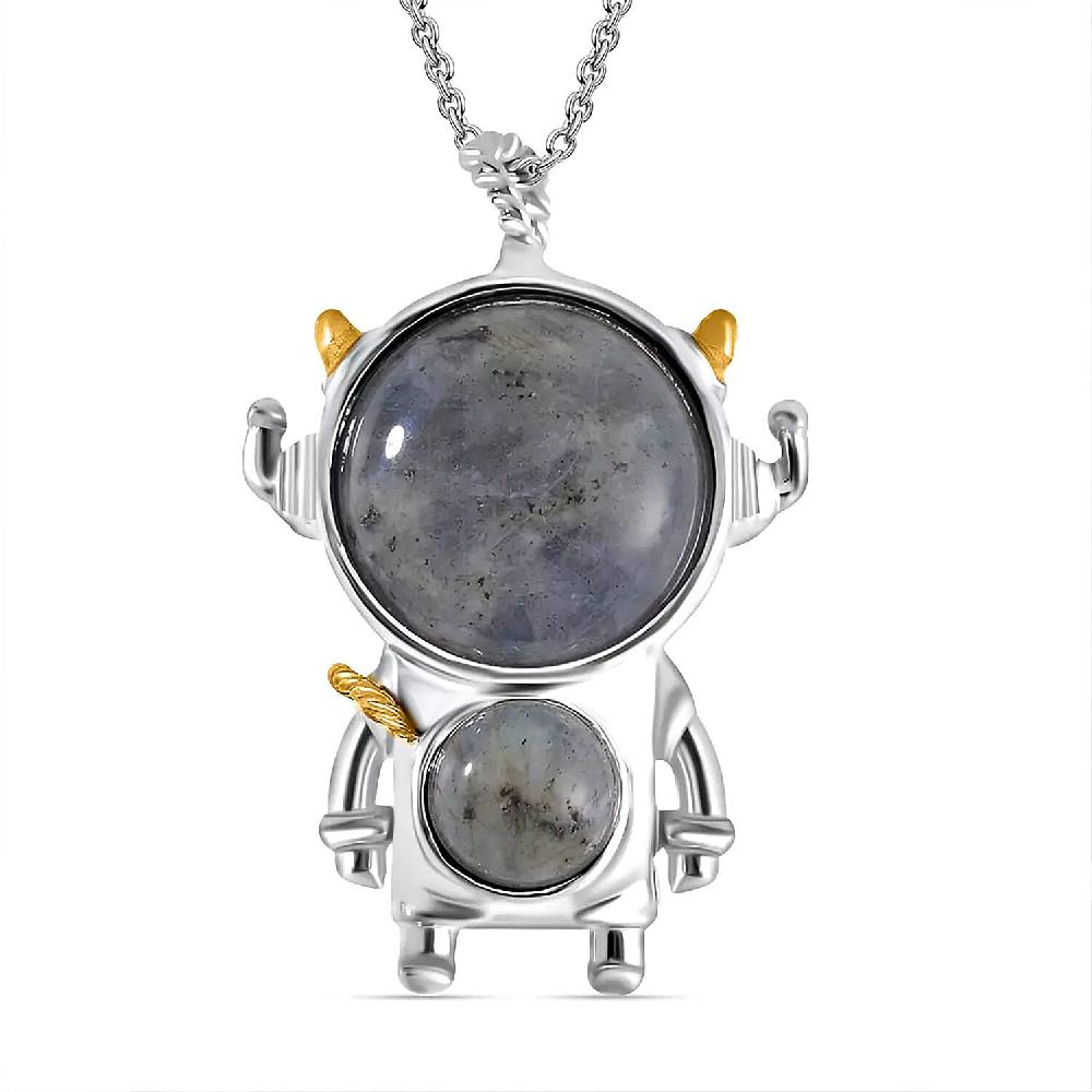 shop lc Malagasy Labradorite 46.50 ctw Spaceman Pendant in Dualtone with Stainless Steel Chain 24 Inches